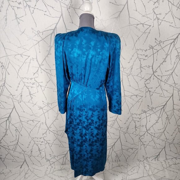 Nora Noh Blue 100% Silk Artsy Faux Wrap Criss Cross Midi Dress - Picture 5 of 7